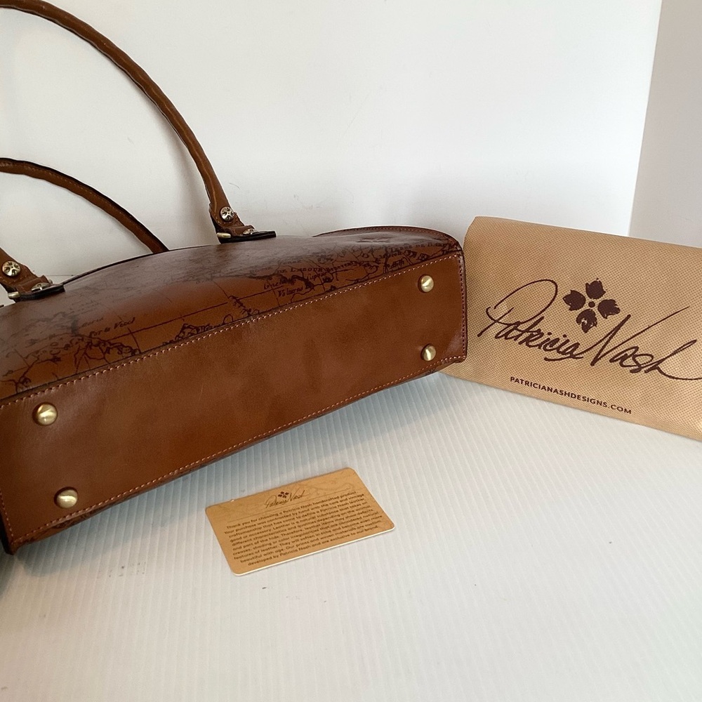 Patricia Nash Calvi Leather Satchel Bag Signature Map Riot Rust Brown NWT $249 - Picture 4 of 6